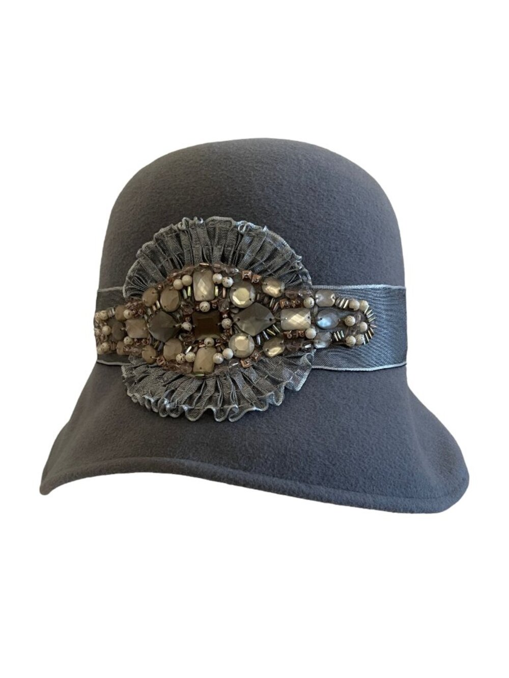 Louise Green Beaded Gray Felt Cloche Hat With Satin Band & Embellished Detailing